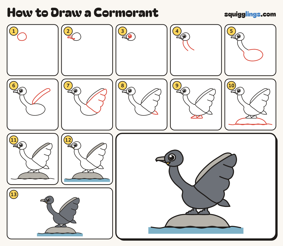 How to Draw a Cormorant step by step: all 13 steps in one picture