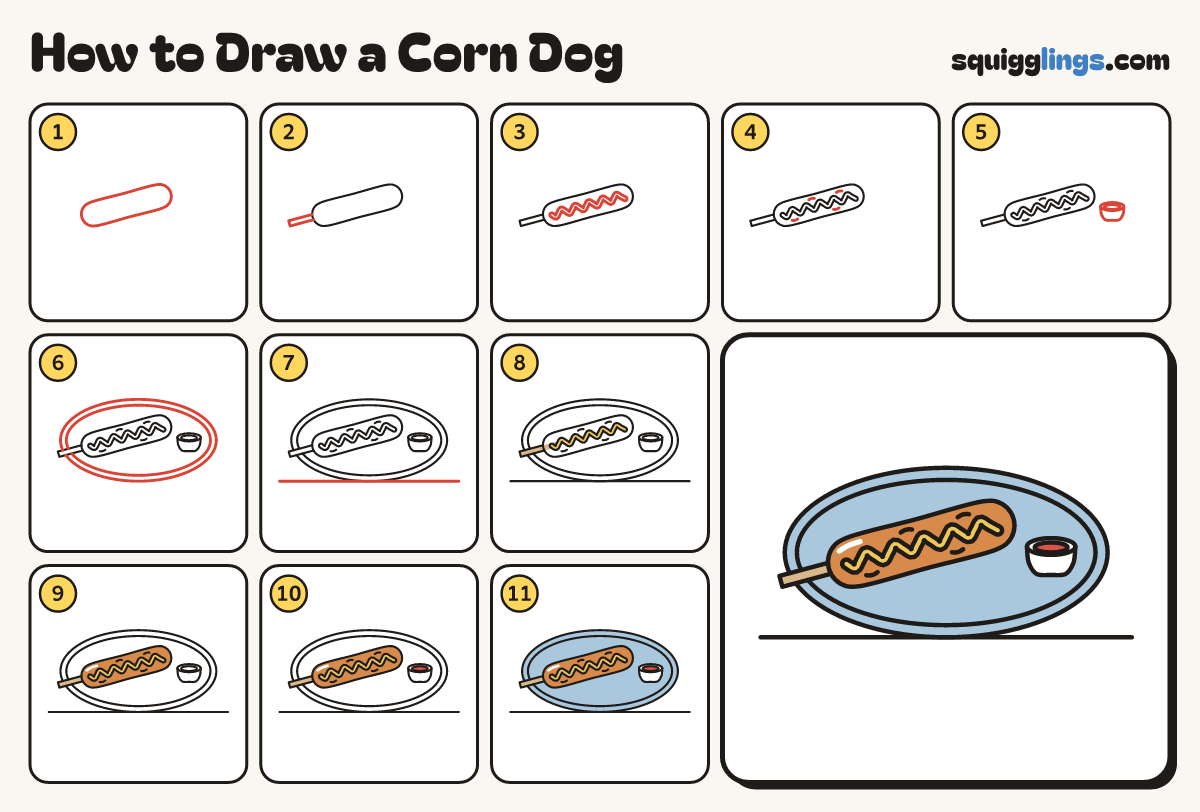 How to Draw a Corn Dog step by step: all 11 steps in one picture