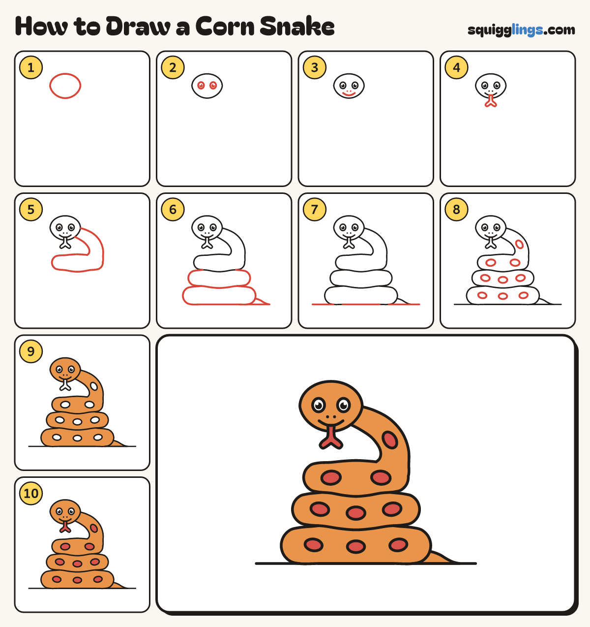 How to Draw a Corn Snake step by step: all 10 steps in one picture