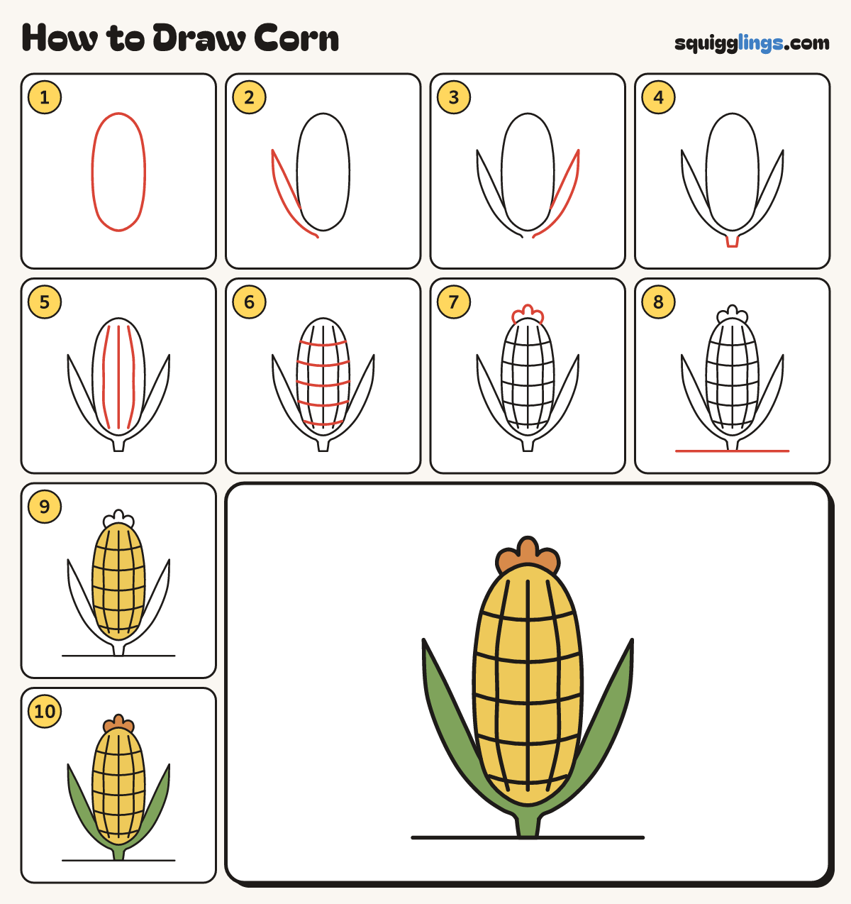 How to Draw Corn step by step: all 10 steps in one picture