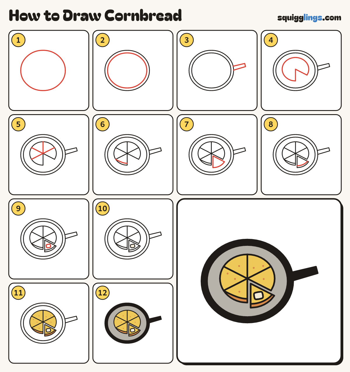 How to Draw Cornbread step by step: all 12 steps in one picture