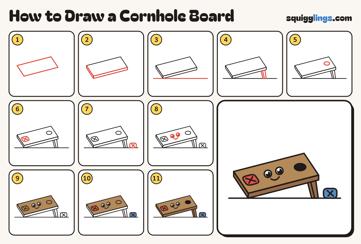 How to Draw a Cornhole Board step by step: all 11 steps in one picture