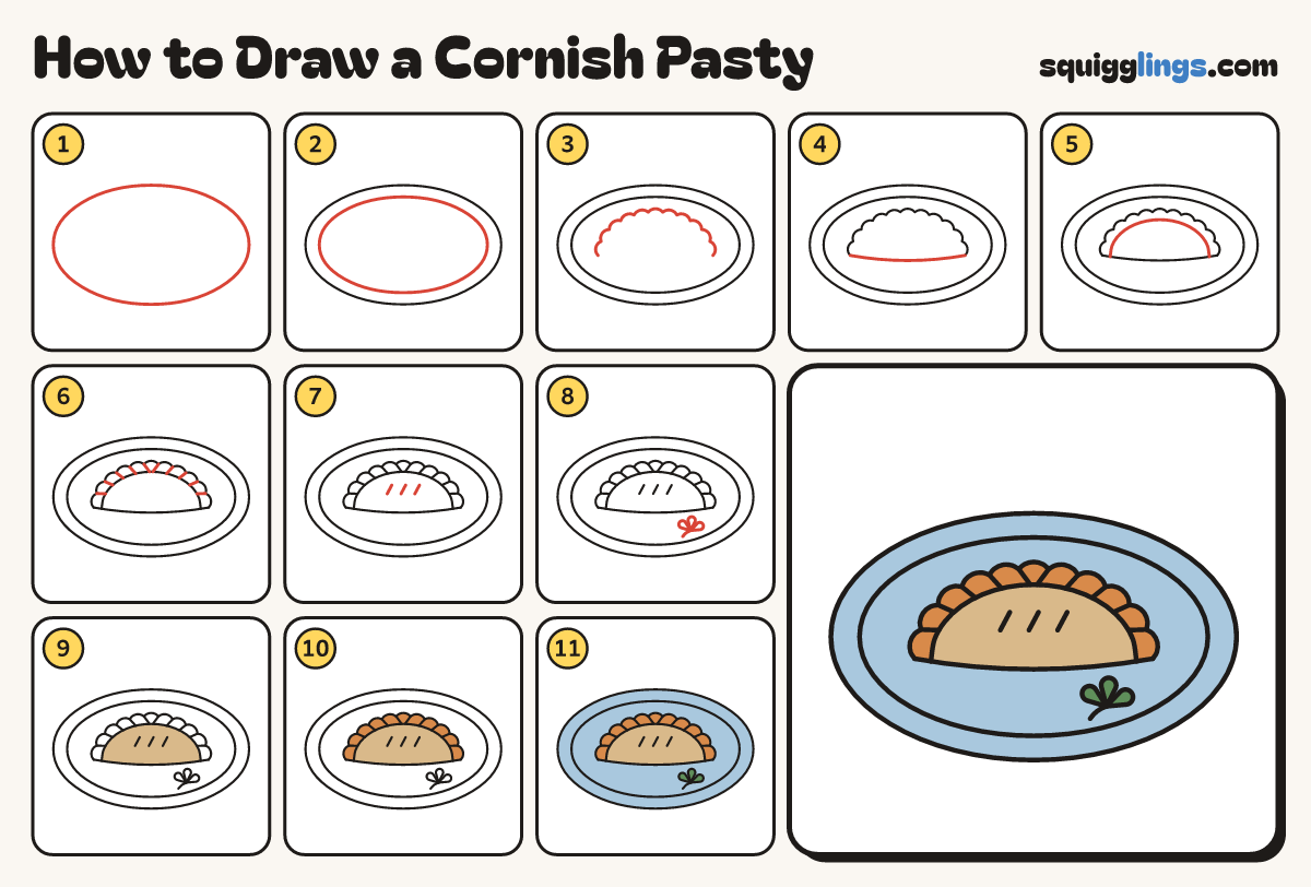 How to Draw a Cornish Pasty step by step: all 11 steps in one picture