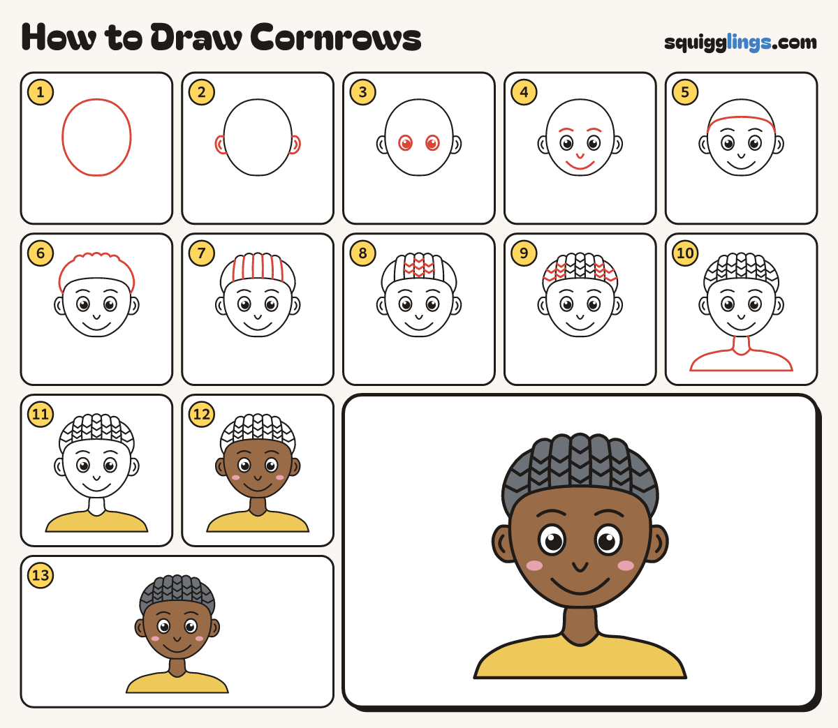 How to Draw Cornrows step by step: all 13 steps in one picture