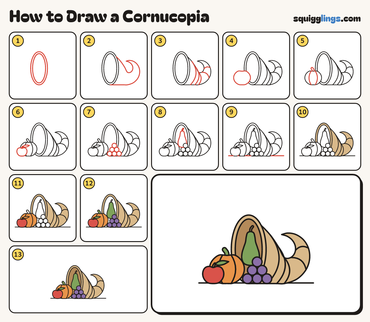How to Draw a Cornucopia step by step: all 13 steps in one picture