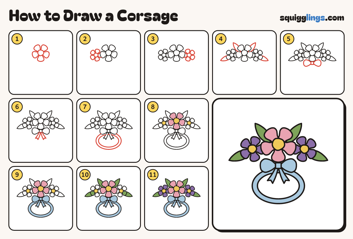 How to Draw a Corsage step by step: all 11 steps in one picture