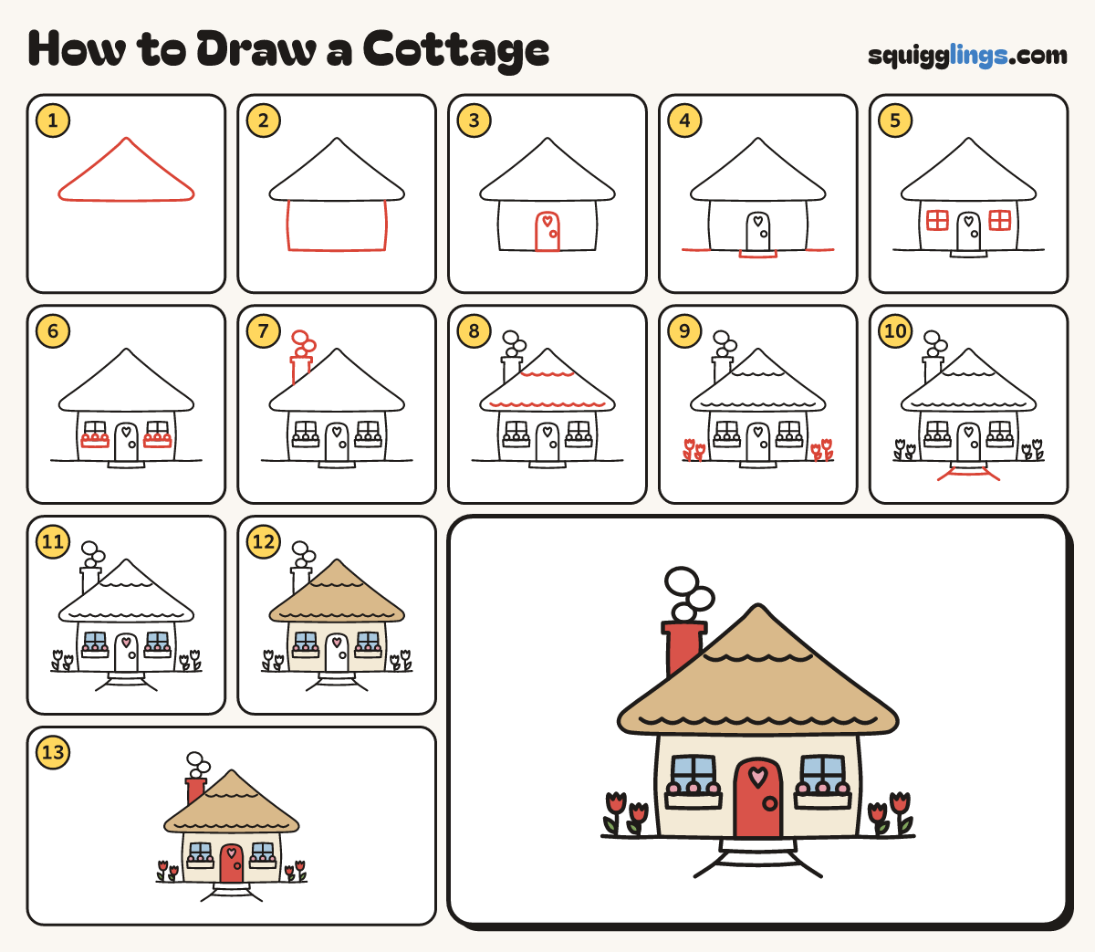 How to Draw a Cottage step by step: all 13 steps in one picture