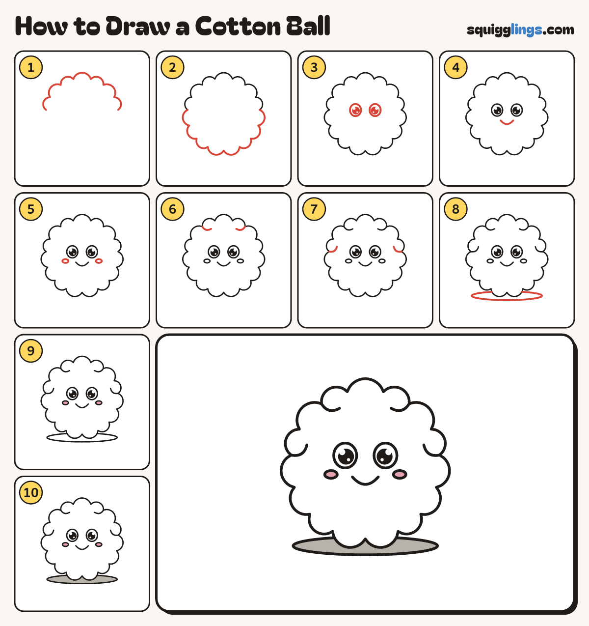 How to Draw a Cotton Ball step by step: all 10 steps in one picture
