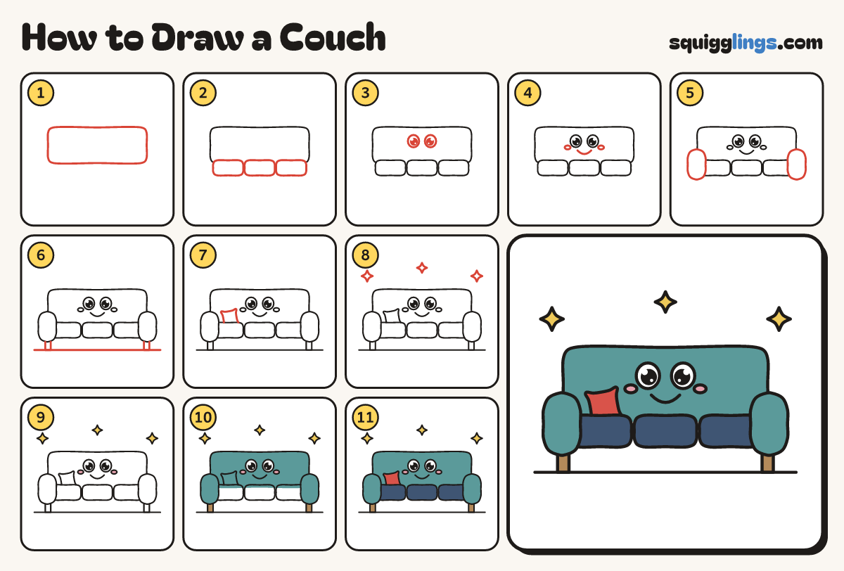 How to Draw a Couch step by step: all 11 steps in one picture