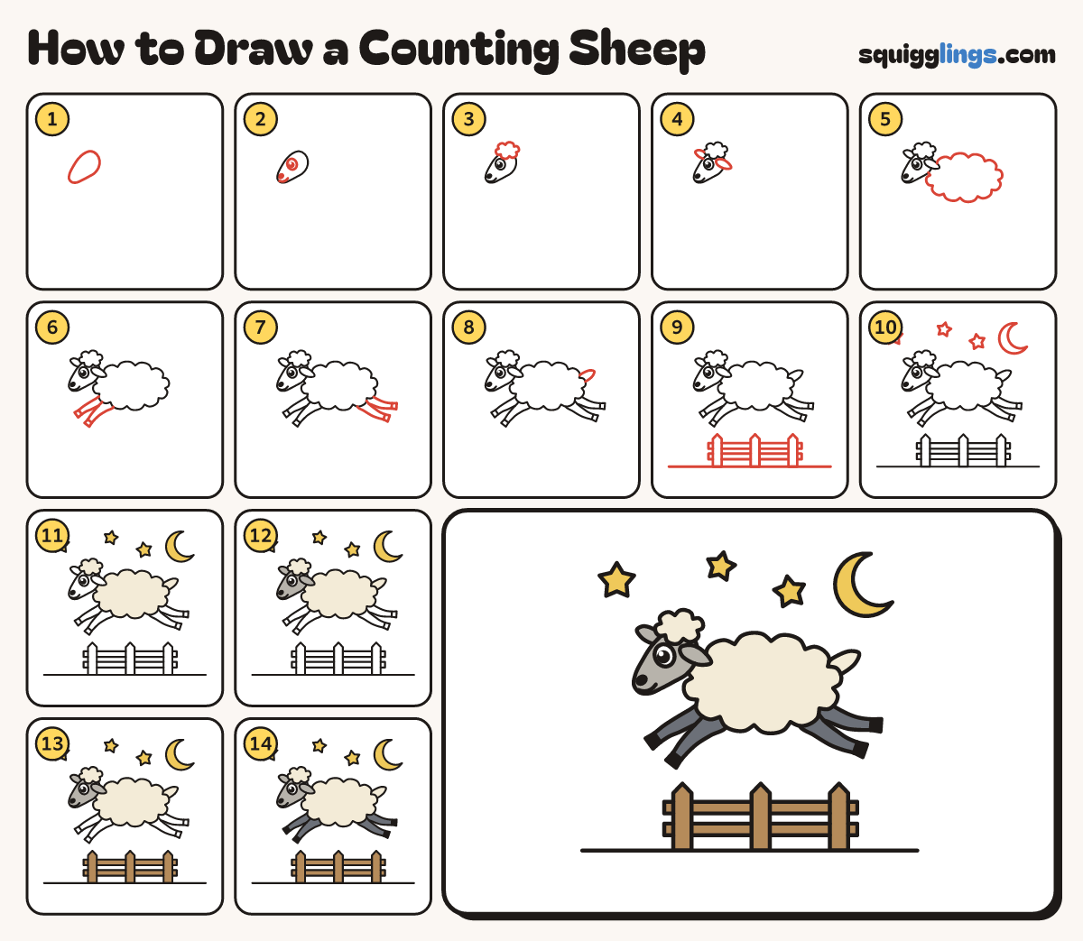 How to Draw a Counting Sheep step by step: all 14 steps in one picture