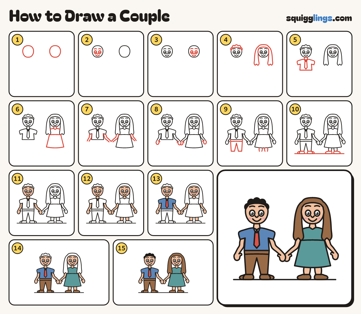 How to Draw a Couple step by step: all 15 steps in one picture