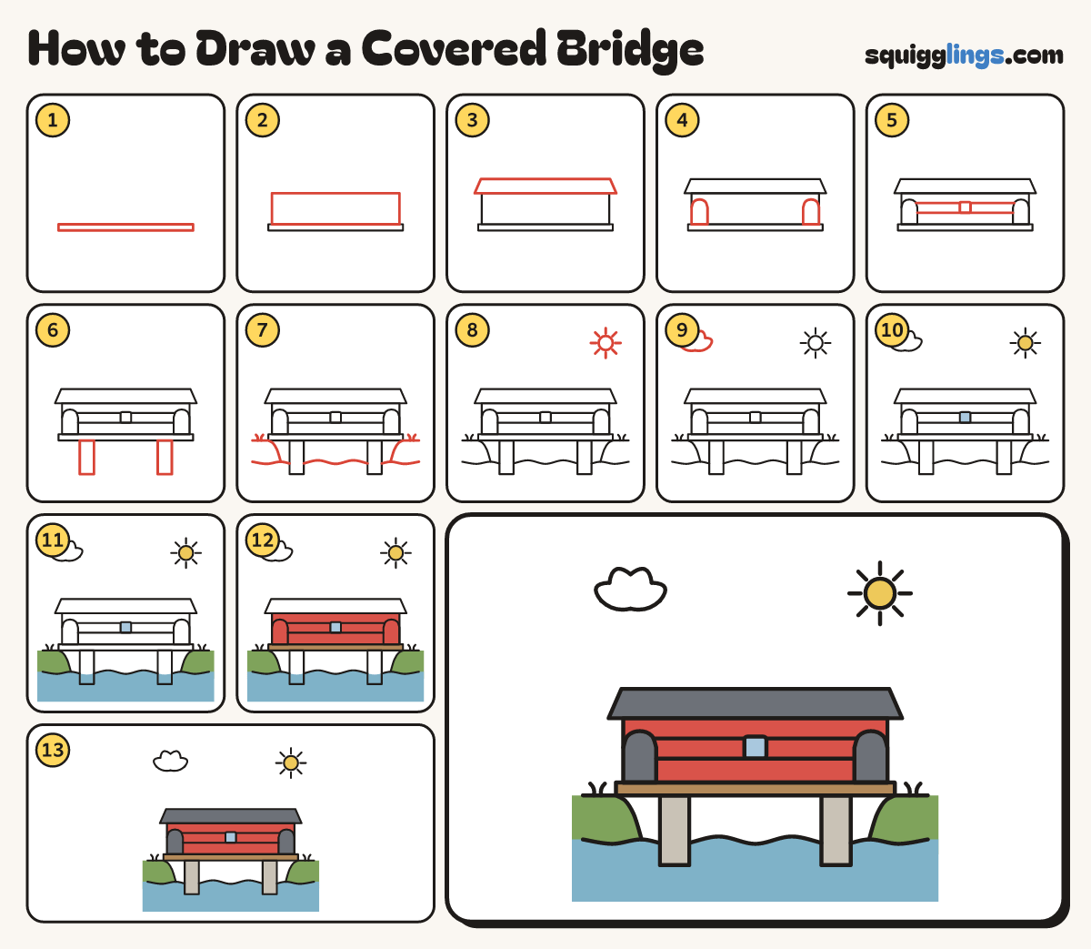 How to Draw a Covered Bridge step by step: all 13 steps in one picture