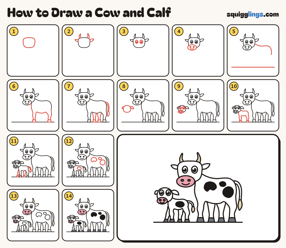 How to Draw a Cow and Calf step by step: all 14 steps in one picture