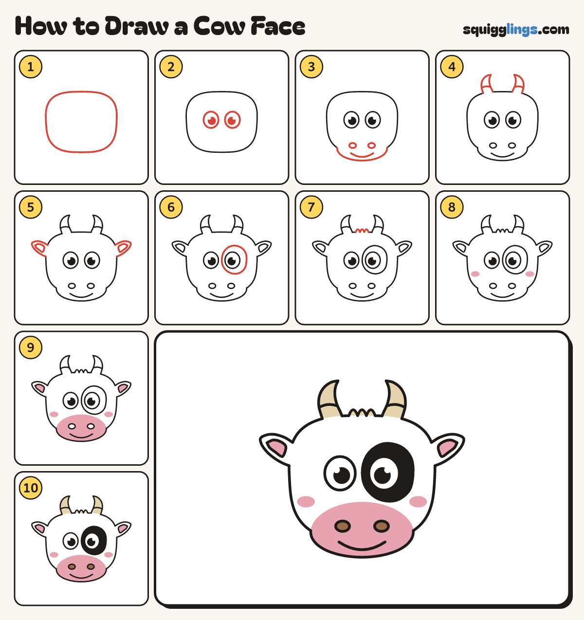 How to Draw a Cow Face step by step: all 10 steps in one picture