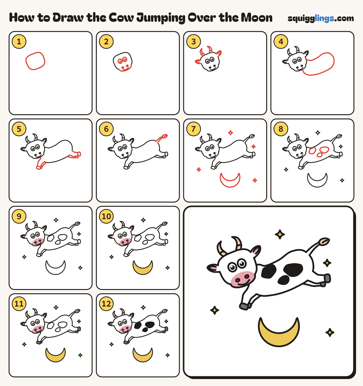 How to Draw the Cow Jumping Over the Moon step by step: all 12 steps in one picture