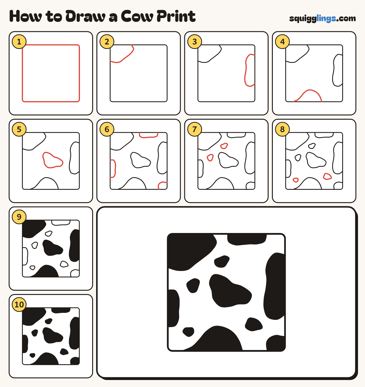 How to Draw a Cow Print step by step: all 10 steps in one picture