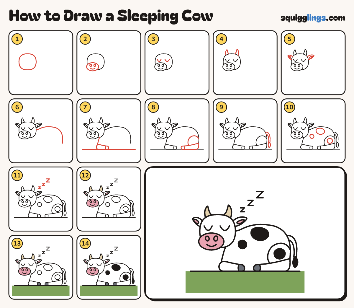 How to Draw a Sleeping Cow step by step: all 14 steps in one picture