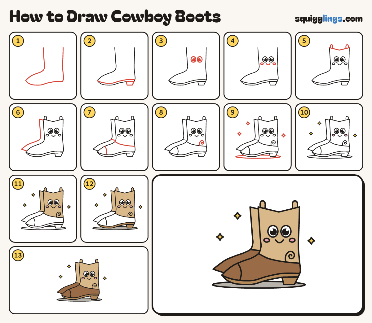How to Draw Cowboy Boots step by step: all 13 steps in one picture