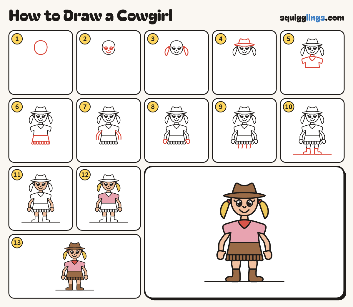 How to Draw a Cowgirl step by step: all 13 steps in one picture