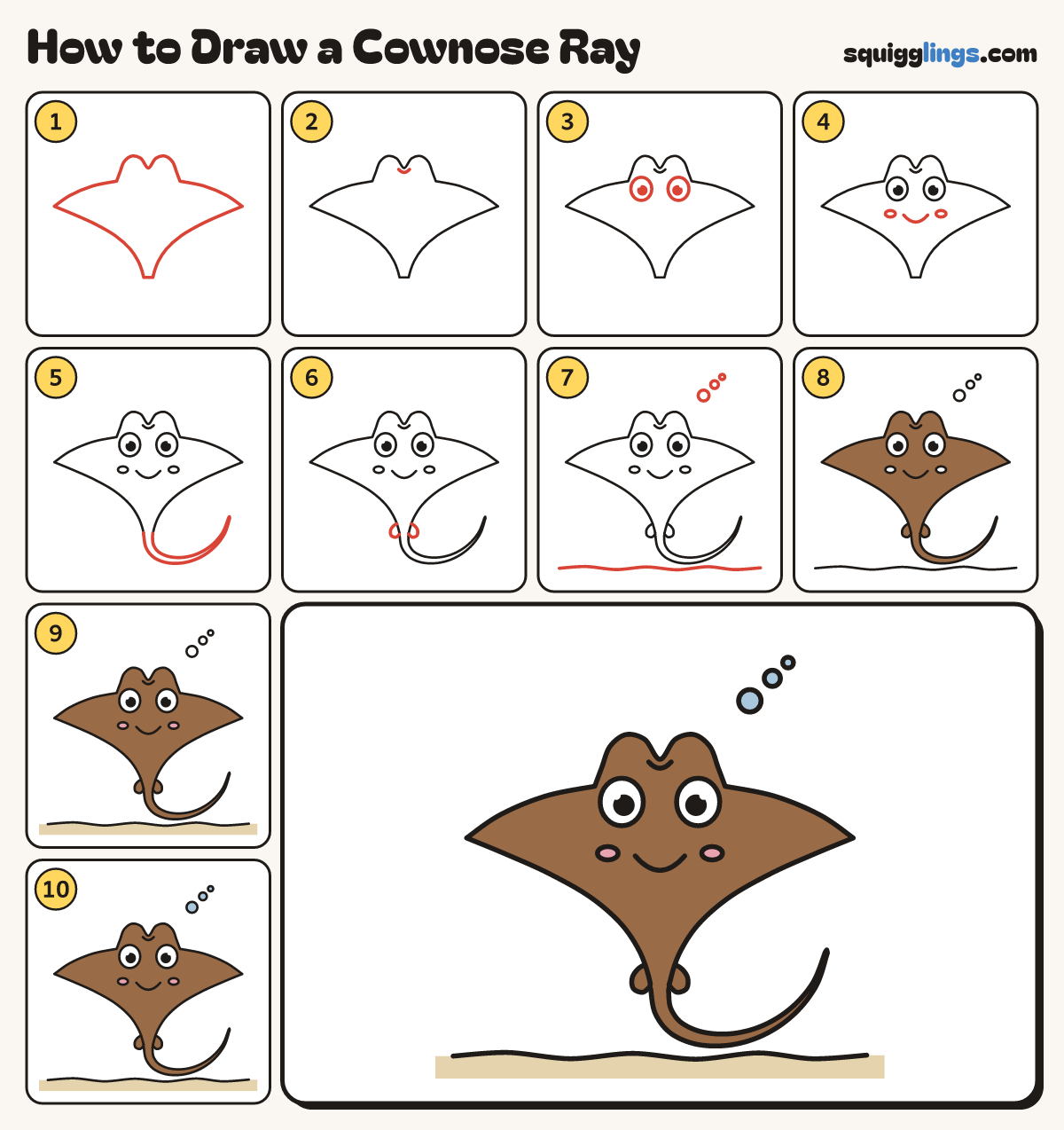 How to Draw a Cownose Ray step by step: all 10 steps in one picture