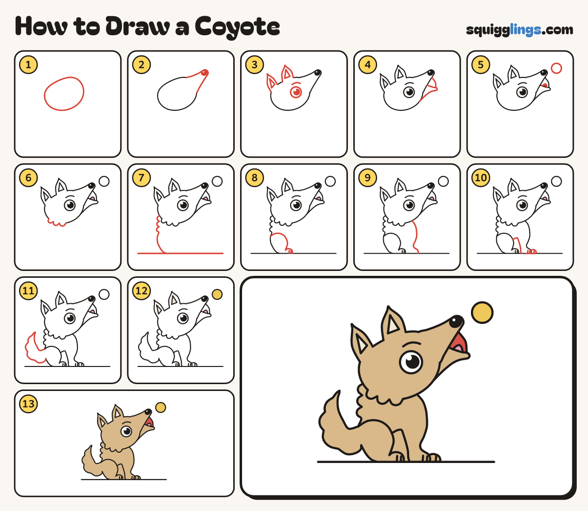 How to Draw a Coyote step by step: all 13 steps in one picture