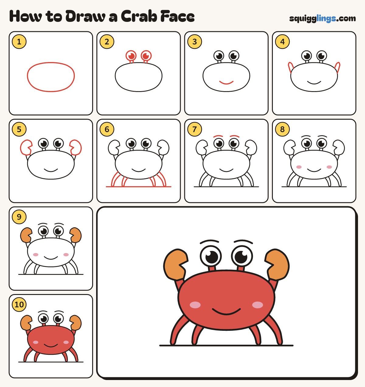 How to Draw a Crab Face step by step: all 10 steps in one picture