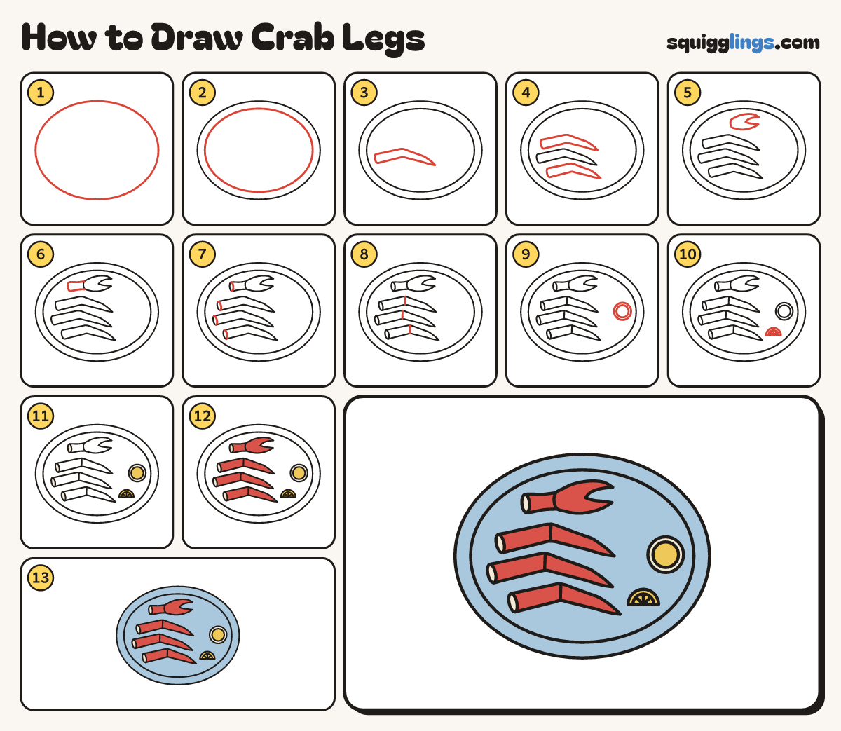 How to Draw Crab Legs step by step: all 13 steps in one picture