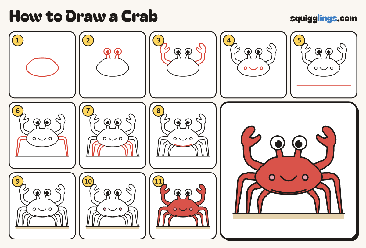 How to Draw a Crab step by step: all 11 steps in one picture