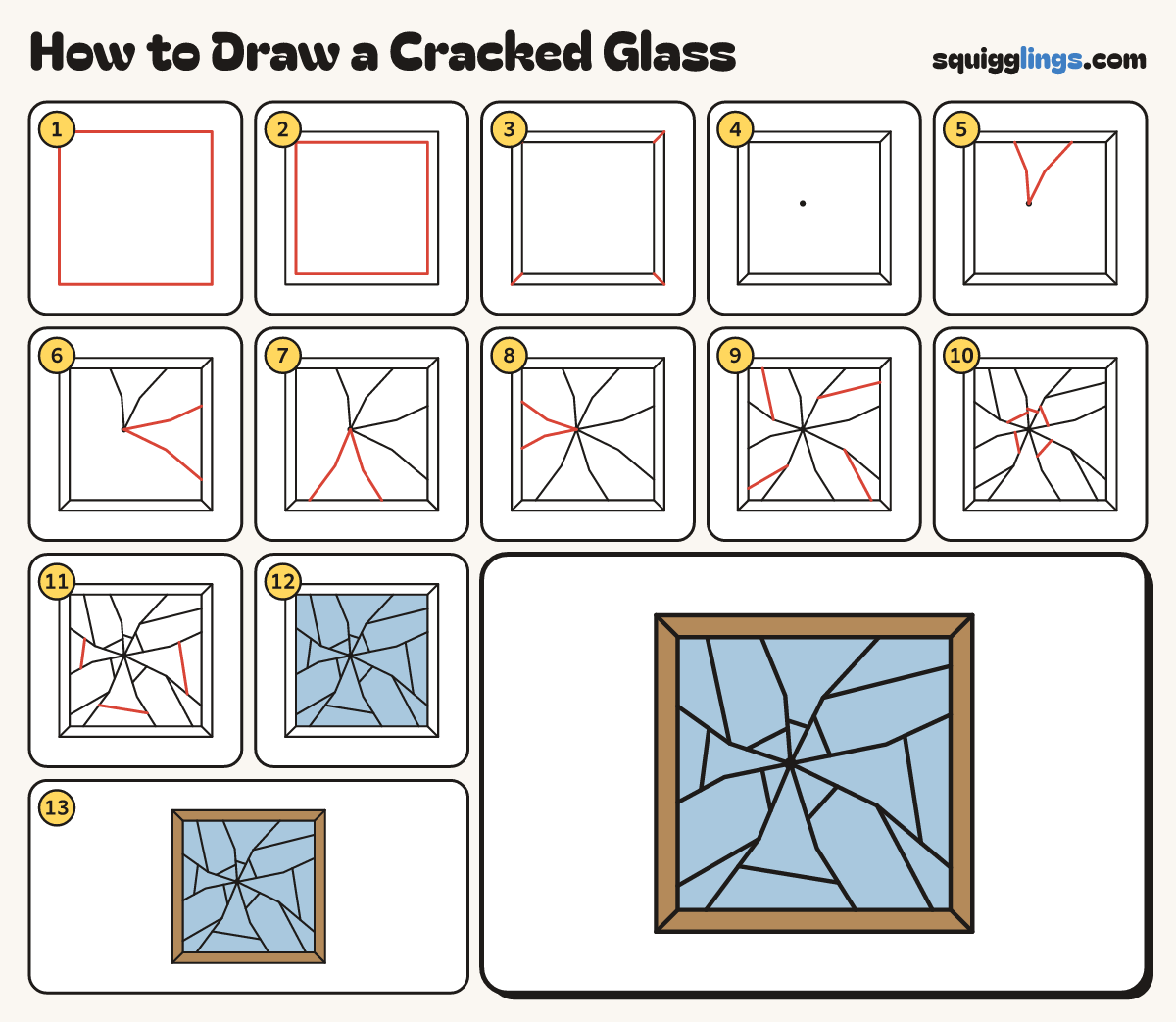 How to Draw a Cracked Glass step by step: all 13 steps in one picture