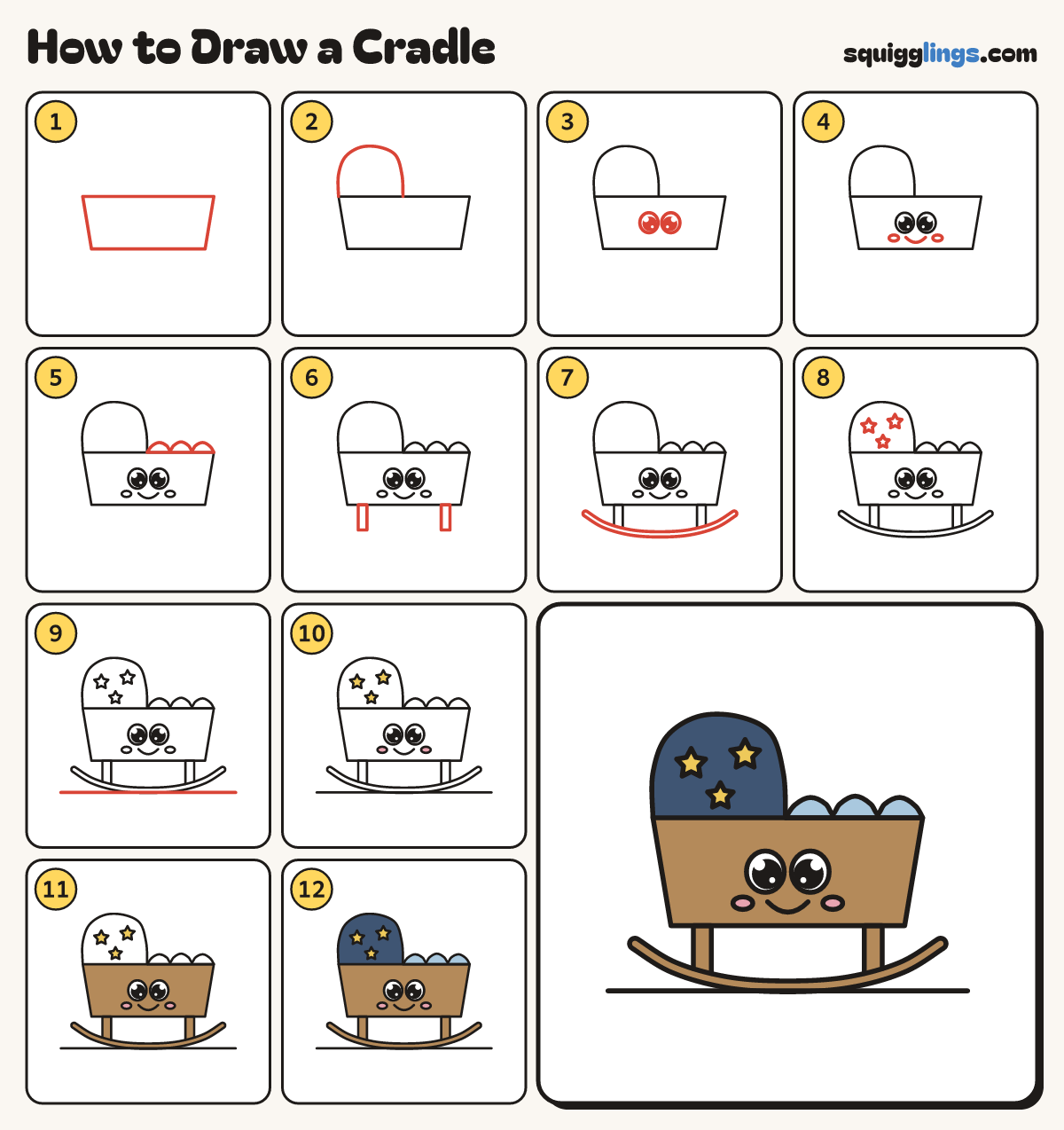 How to Draw a Cradle step by step: all 12 steps in one picture