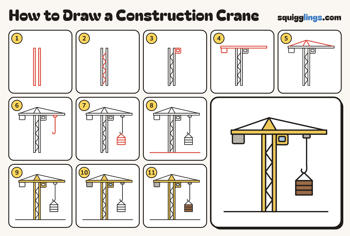How to Draw a Construction Crane step by step: all 11 steps in one picture