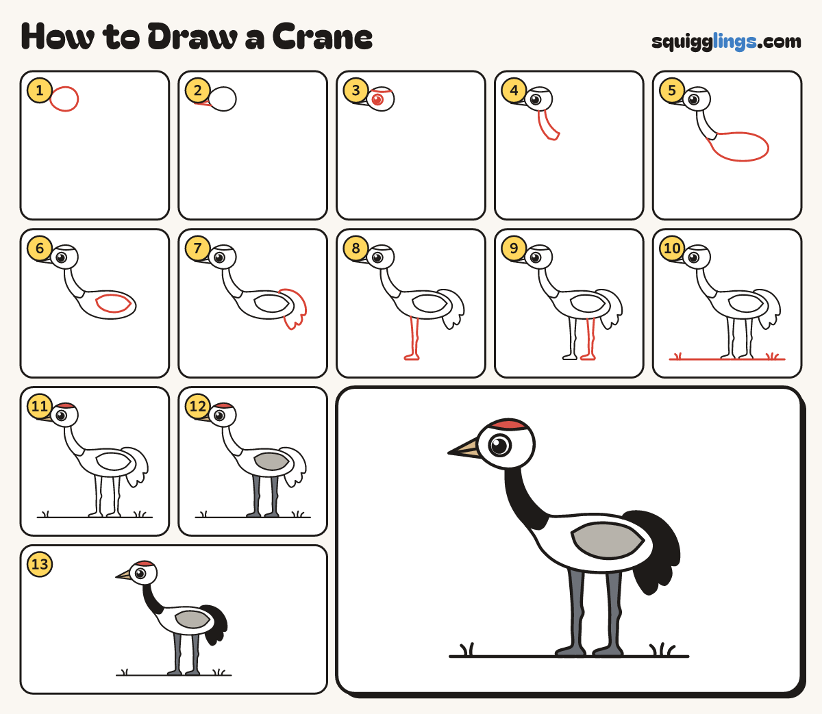 How to Draw a Crane step by step: all 13 steps in one picture