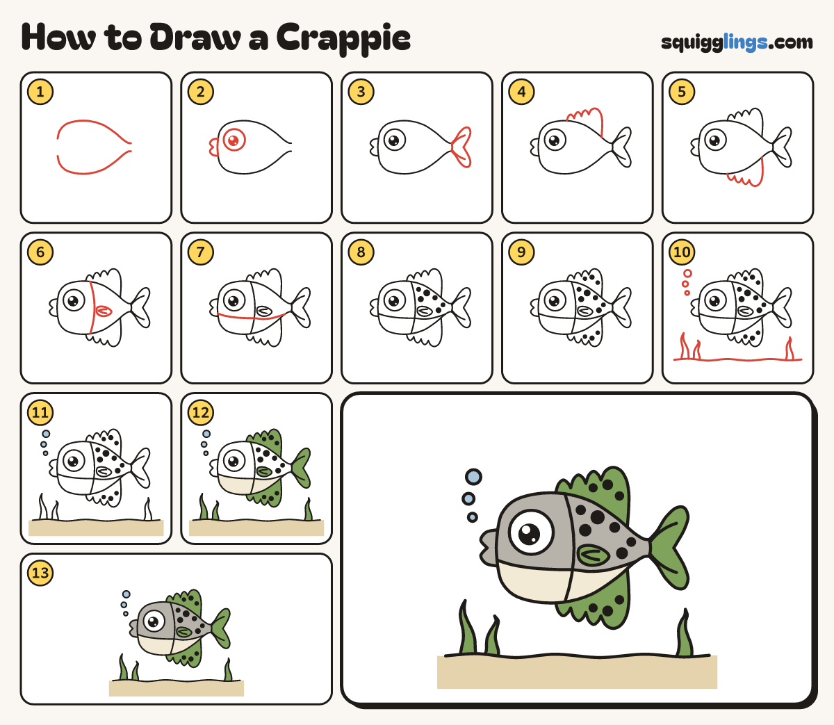 How to Draw a Crappie step by step: all 13 steps in one picture
