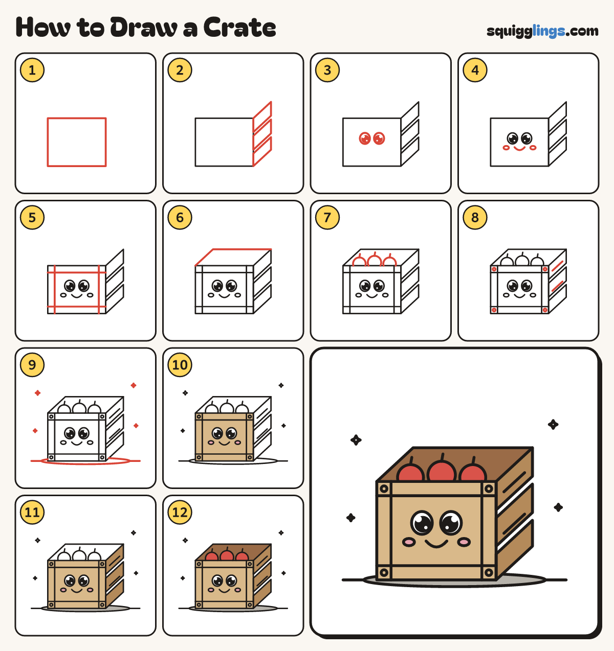 How to Draw a Crate step by step: all 12 steps in one picture