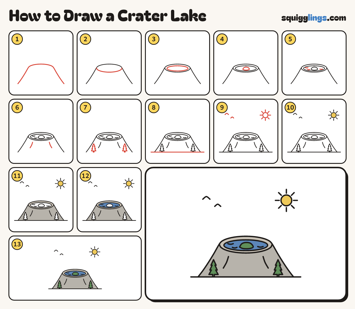 How to Draw a Crater Lake step by step: all 13 steps in one picture