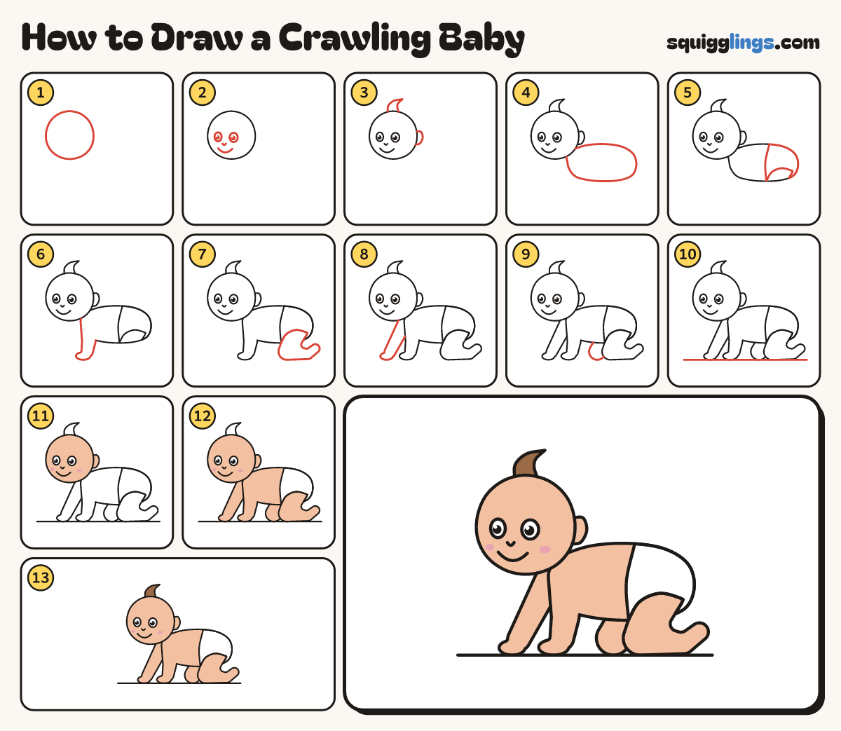How to Draw a Crawling Baby step by step: all 13 steps in one picture