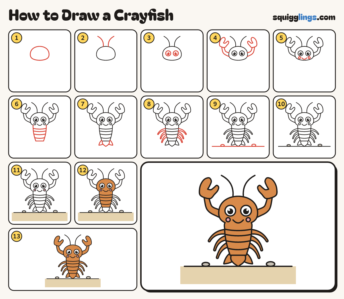 How to Draw a Crayfish step by step: all 13 steps in one picture