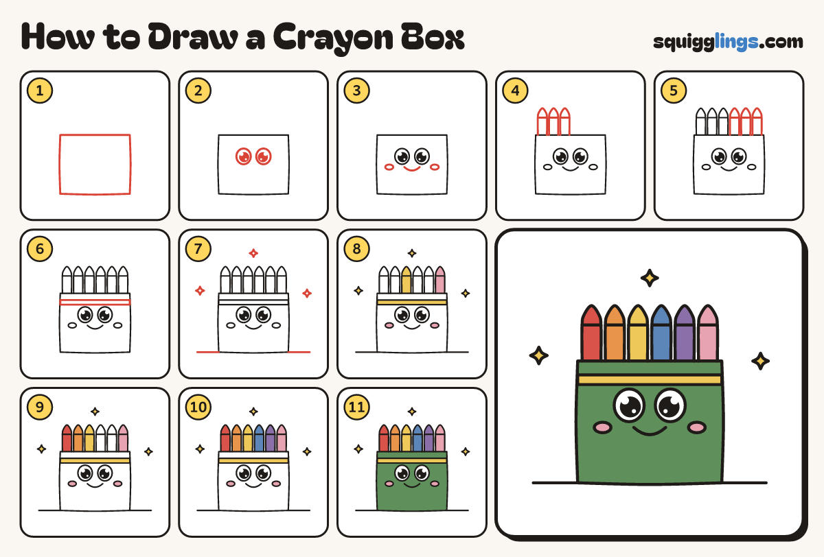 How to Draw a Crayon Box step by step: all 11 steps in one picture