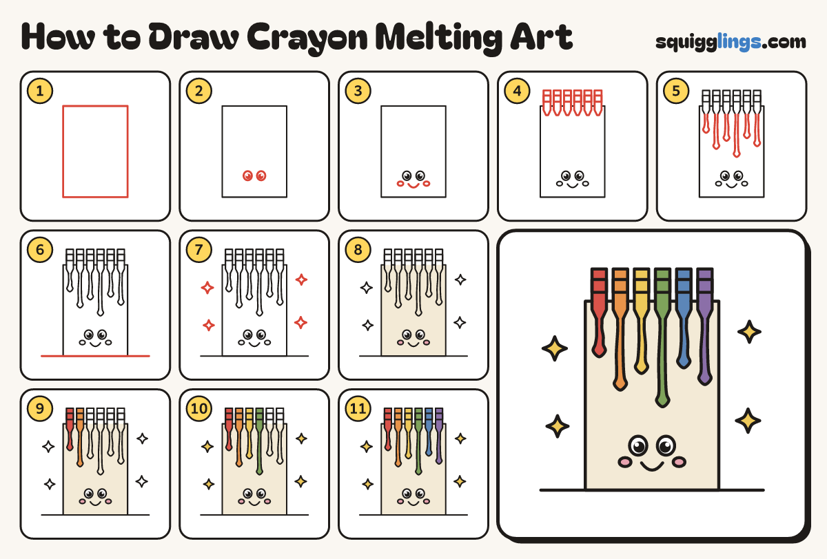 How to Draw Crayon Melting Art step by step: all 11 steps in one picture