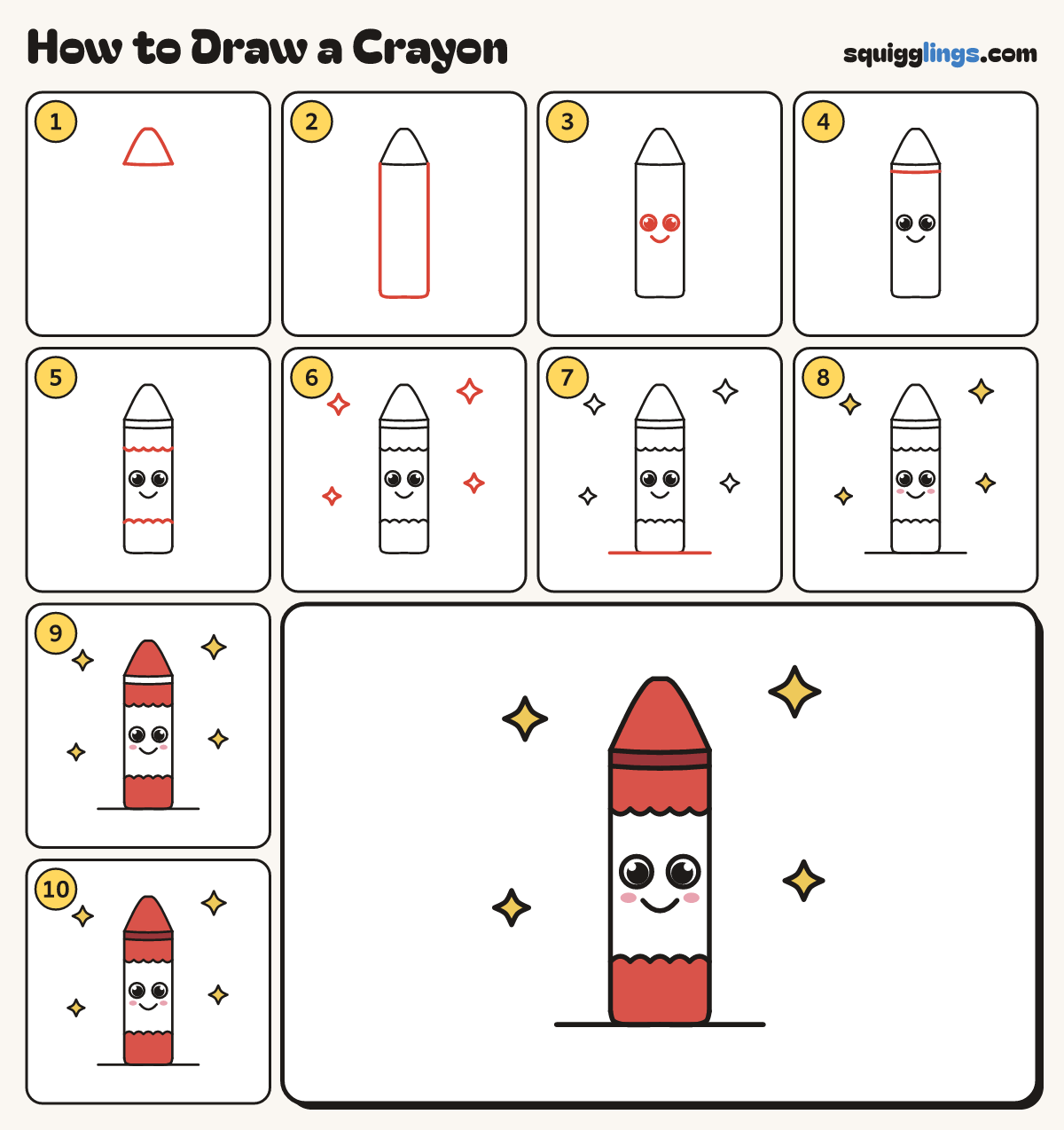 How to Draw a Crayon step by step: all 10 steps in one picture
