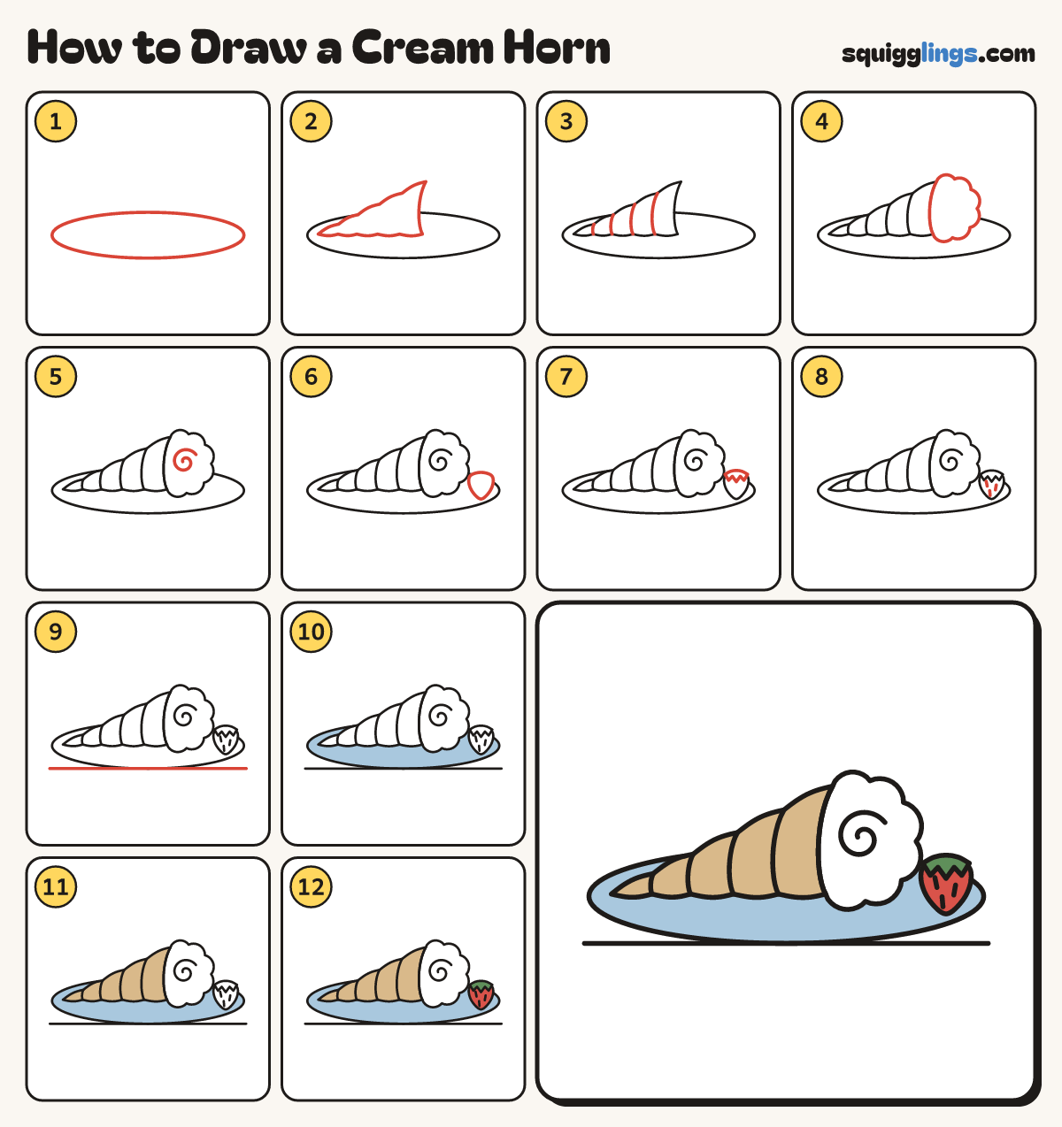 How to Draw a Cream Horn step by step: all 12 steps in one picture