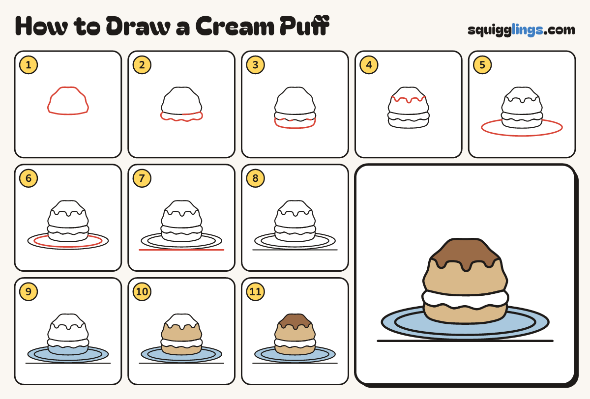 How to Draw a Cream Puff step by step: all 11 steps in one picture