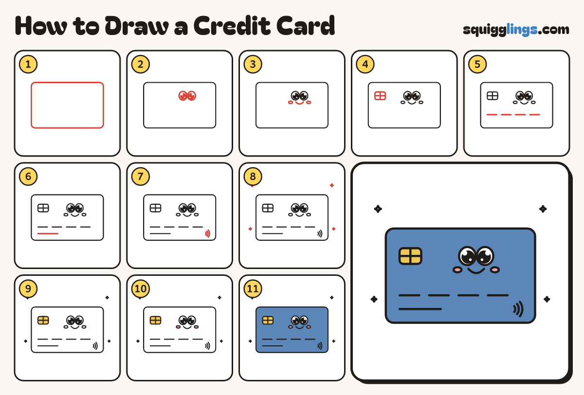 How to Draw a Credit Card step by step: all 11 steps in one picture