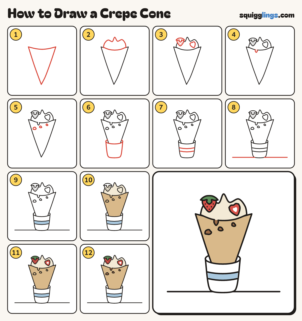 How to Draw a Crepe Cone step by step: all 12 steps in one picture