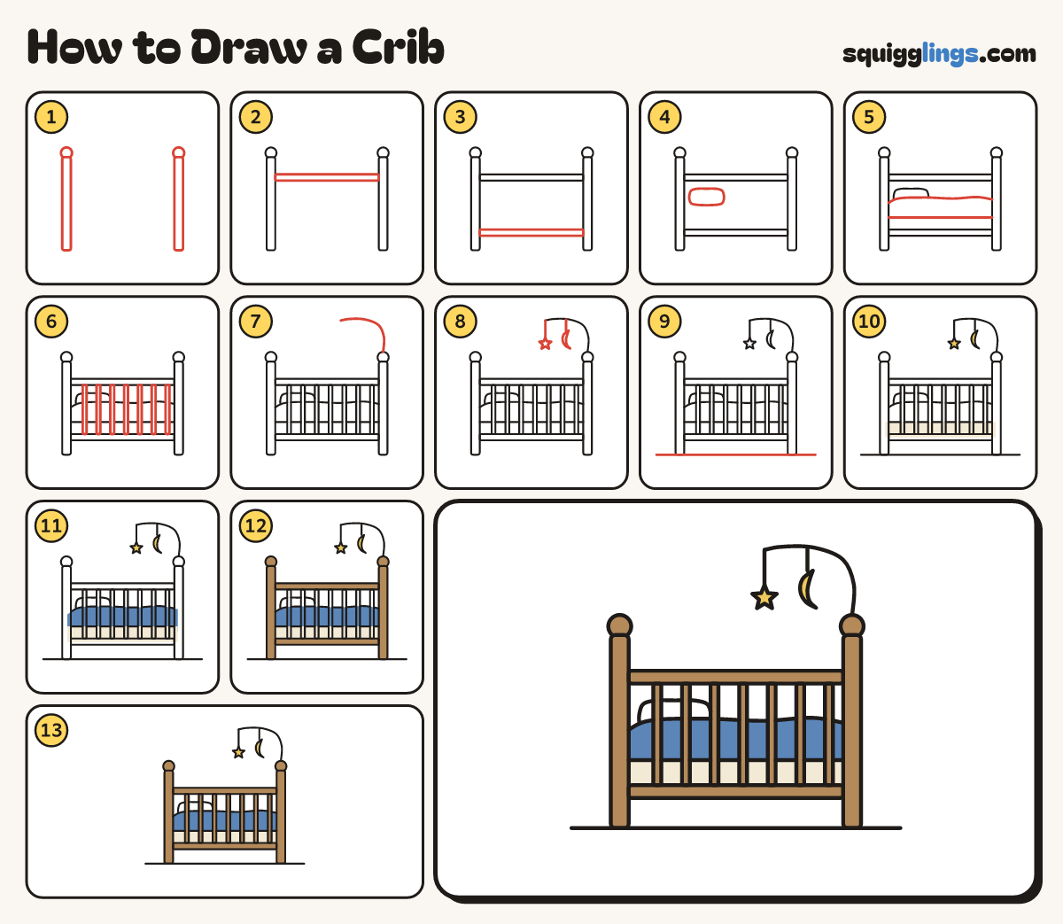 How to Draw a Crib step by step: all 13 steps in one picture