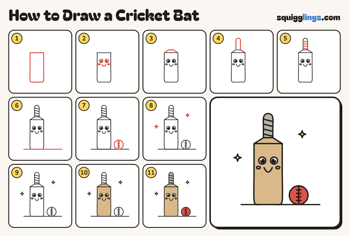 How to Draw a Cricket Bat step by step: all 11 steps in one picture