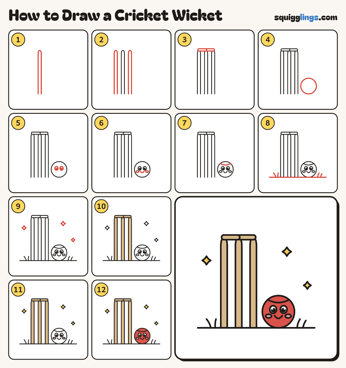 How to Draw a Cricket Wicket step by step: all 12 steps in one picture