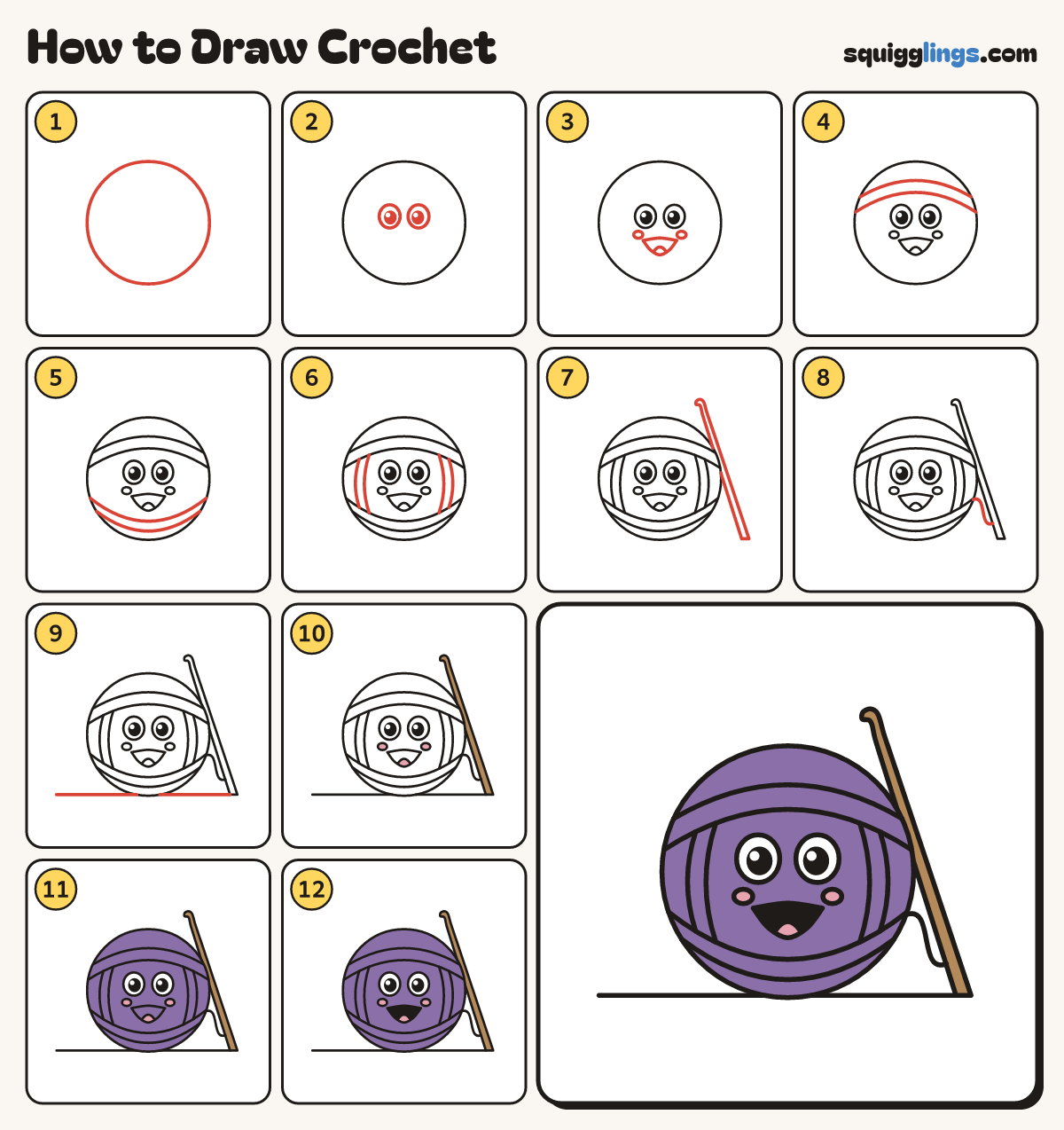 How to Draw Crochet step by step: all 12 steps in one picture