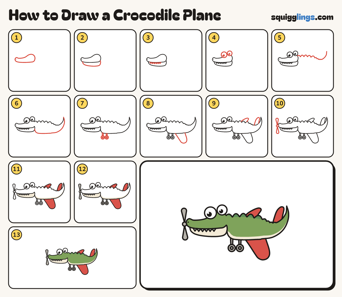How to Draw a Crocodile Plane step by step: all 13 steps in one picture