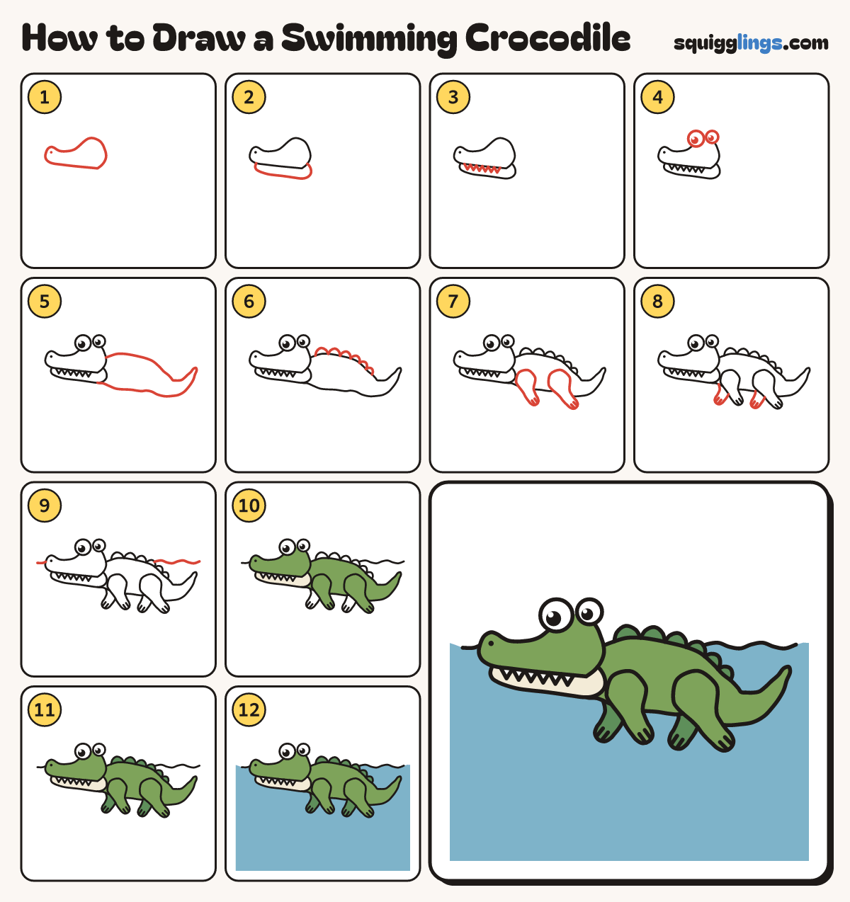 How to Draw a Swimming Crocodile step by step: all 12 steps in one picture